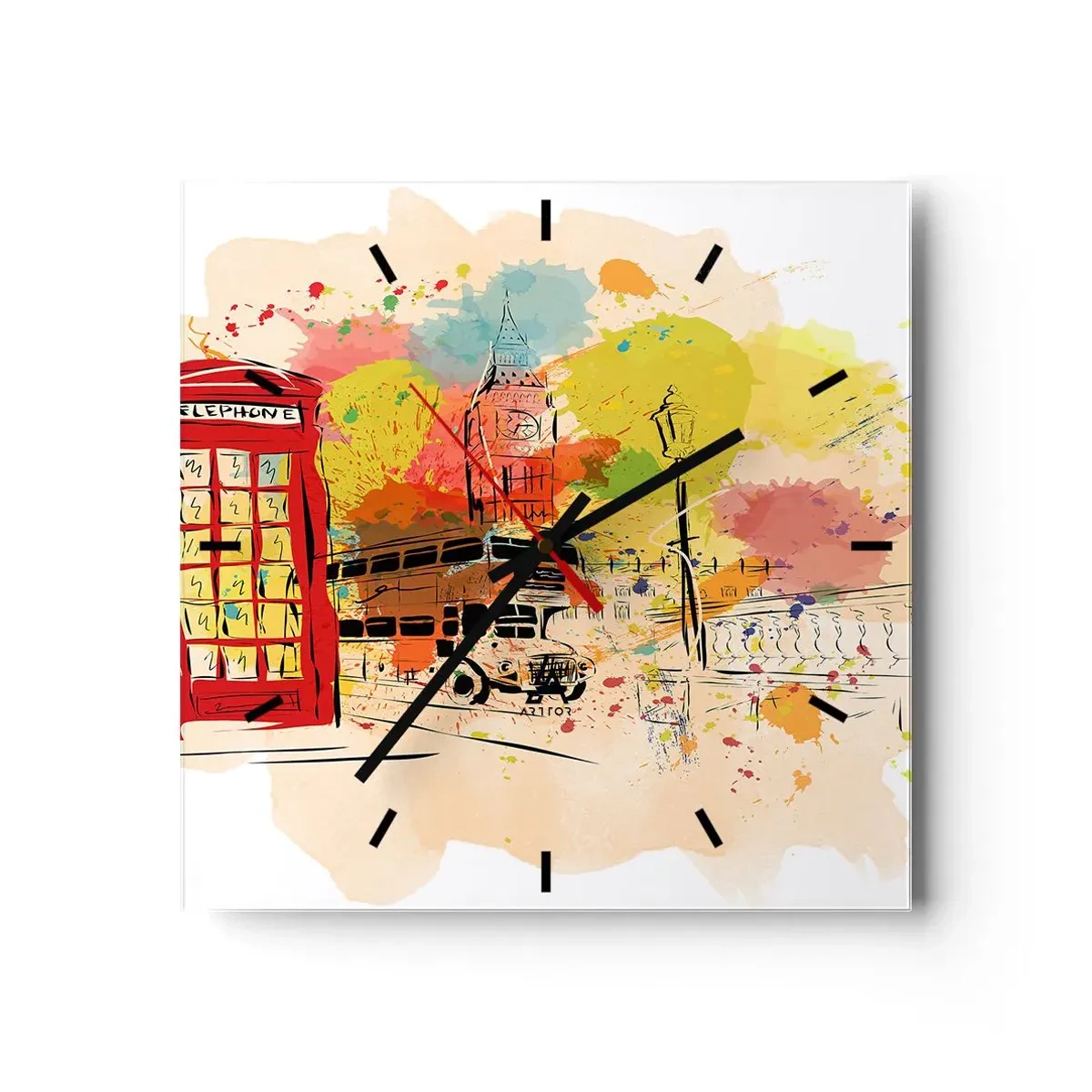 Orologio da parete - Orologio in Vetro - Tema di Londra con autobus rosso e cabina - 30x30cm - La città della varietà - Decorazione murale moderna per soggiorno e camera da letto ARTTOR