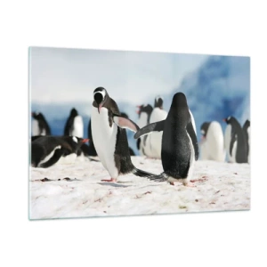 Quadro su vetro - Pinguini nella neve in uno scenario polare - 120x80cm - Danza sulla neve - Decorazione murale moderna per soggiorno e camera da letto ARTTOR