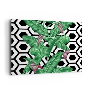 Quadro su tela - Stampe su Tela - Foglie tropicali su sfondo geometrico - 120x80cm - Composizione simmetrica con la natura - Decorazione murale moderna per soggiorno e camera da letto ARTTOR