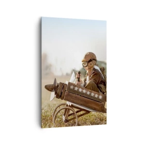 Quadro su tela - Stampe su Tela - Un bambino su un aeroplanino giocattolo con un campo sullo sfondo - 80x120cm - Decollo verso i sogni - Decorazione murale moderna per soggiorno e camera da letto ARTTOR