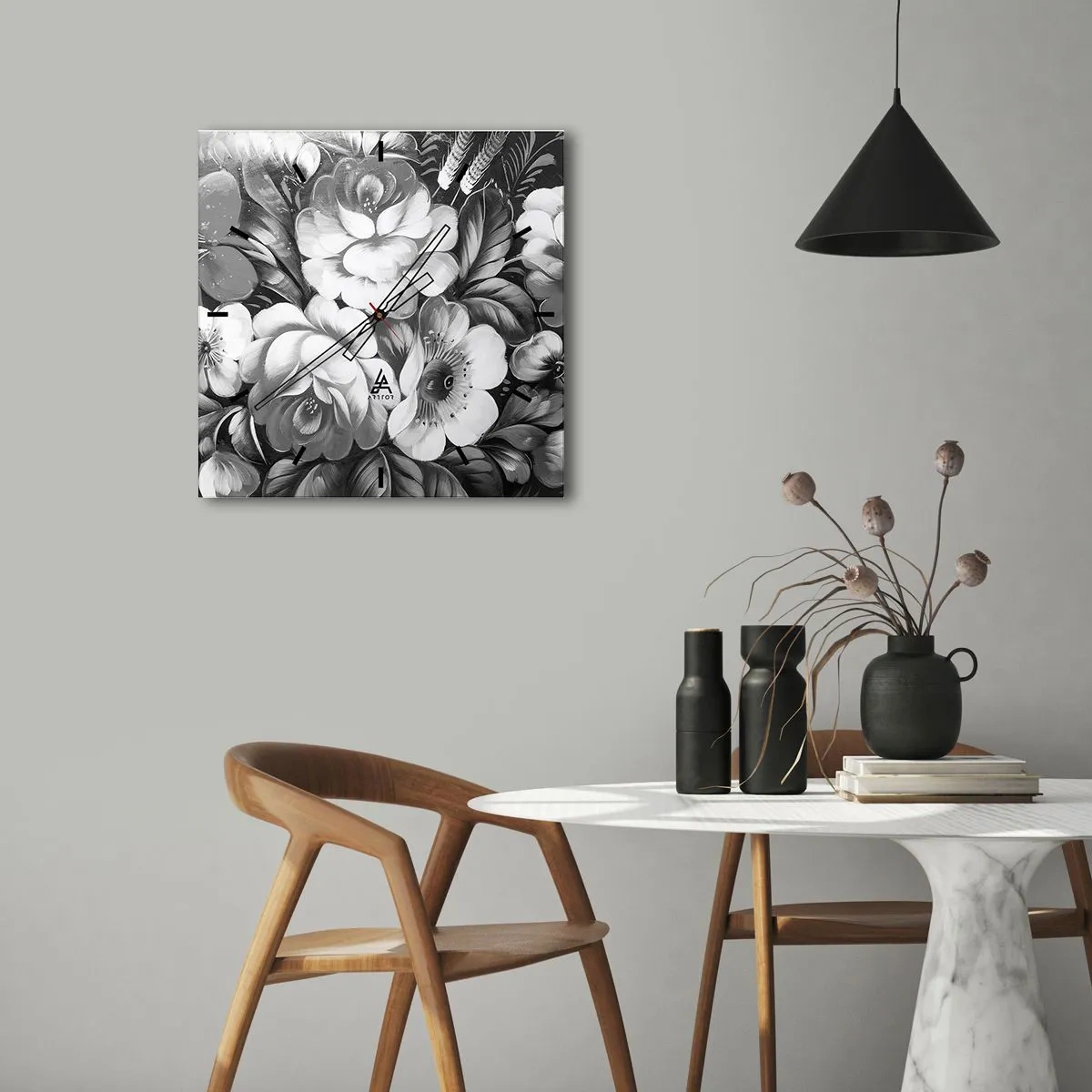 Orologio da parete - Orologio in Vetro - Fiori bianchi e neri in una composizione classica ed elegante - 30x30cm - Belli anche in grigio - Decorazione murale moderna per soggiorno e camera da letto ARTTOR