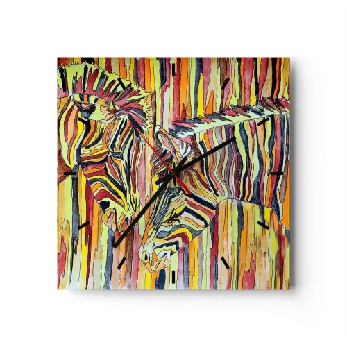 Orologio da parete - Orologio in Vetro - Zebre colorate su uno sfondo di strisce astratte - 30x30cm - Quindi anche tu… - Decorazione murale moderna per soggiorno e camera da letto ARTTOR
