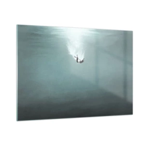 Quadro su vetro - La sagoma di un uomo immerso nelle profondità blu dell'oceano - 100x70cm - Nell'abbraccio dell'oceano - Decorazione murale moderna per soggiorno e camera da letto ARTTOR