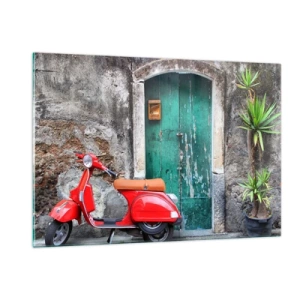 Quadro su vetro - Scooter rosso contro una porta verde - 120x80cm - Vacanze italiane - Decorazione murale moderna per soggiorno e camera da letto ARTTOR
