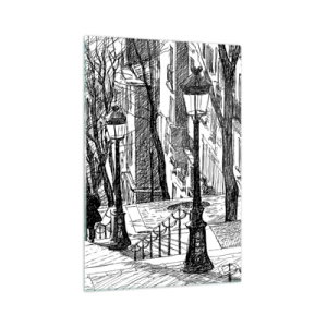 Quadro su vetro - Una strada con lampioni e una sagoma umana in tecnica di schizzo - 70x100cm - Storia d'amore o racconto di paura? - Decorazione murale moderna per soggiorno e camera da letto ARTTOR