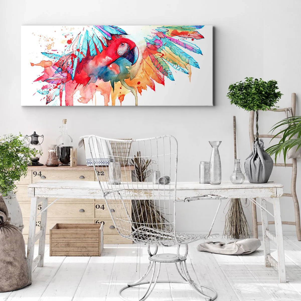 Quadro su tela - Stampe su Tela - Un pappagallo in stile acquerello artistico - 160x50cm - Pappagalli colorati - Decorazione murale moderna per soggiorno e camera da letto ARTTOR