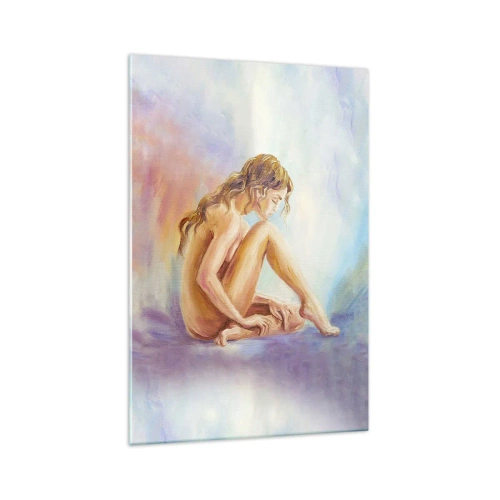 Quadro su vetro - Una delicata figura di donna su uno sfondo pastello - 70x100cm - Nudo di giovane - Decorazione murale moderna per soggiorno e camera da letto ARTTOR