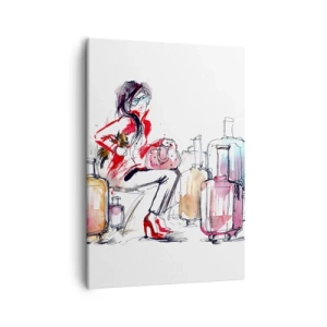 Quadro su tela - Stampe su Tela - Una donna con le valigie in un'illustrazione dinamica ad acquerello - 50x70cm - Sediamoci prima del viaggio - Decorazione murale moderna per soggiorno e camera da letto ARTTOR