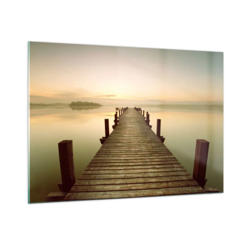 Quadro su vetro - Un molo di legno su un lago calmo all'alba - 100x70cm - Aurora, alba, luce - Decorazione murale moderna per soggiorno e camera da letto ARTTOR