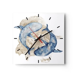 Orologio da parete - Orologio in Vetro - Balene blu astratte su uno sfondo chiaro - 30x30cm - Amicizia o amore? - Decorazione murale moderna per soggiorno e camera da letto ARTTOR