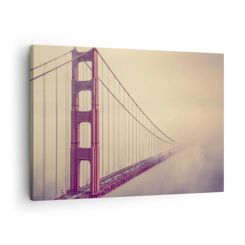 Quadro su tela - Stampe su Tela - Un ponte nella nebbia in tonalità pastello, simbolo di eleganza e pace - 70x50cm - Tra il cielo e la terra - Decorazione murale moderna per soggiorno e camera da letto ARTTOR