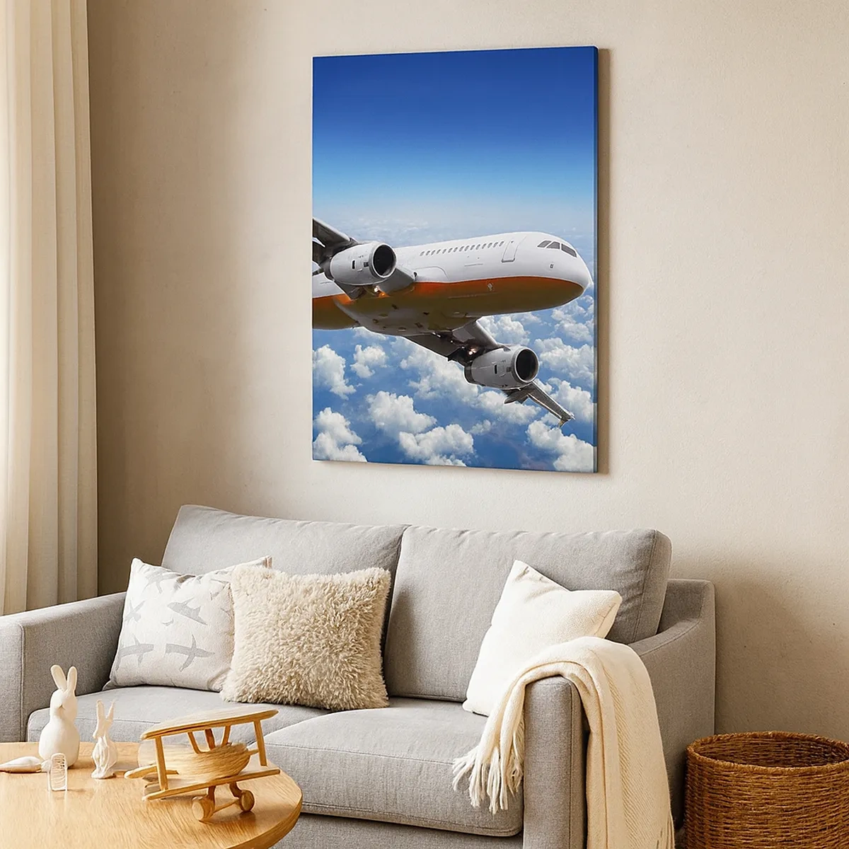 Quadro su tela - Stampe su Tela - Un aereo passeggeri vola sopra le nuvole contro un cielo azzurro. - 50x70cm - Lascia tutto - Decorazione murale moderna per soggiorno e camera da letto ARTTOR