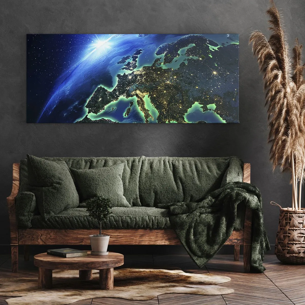 Quadro su tela - Stampe su Tela - Una vista di Europa dallo spazio, alla luce del sole nascente. - 120x50cm - L'Europa scintillante - Decorazione murale moderna per soggiorno e camera da letto ARTTOR