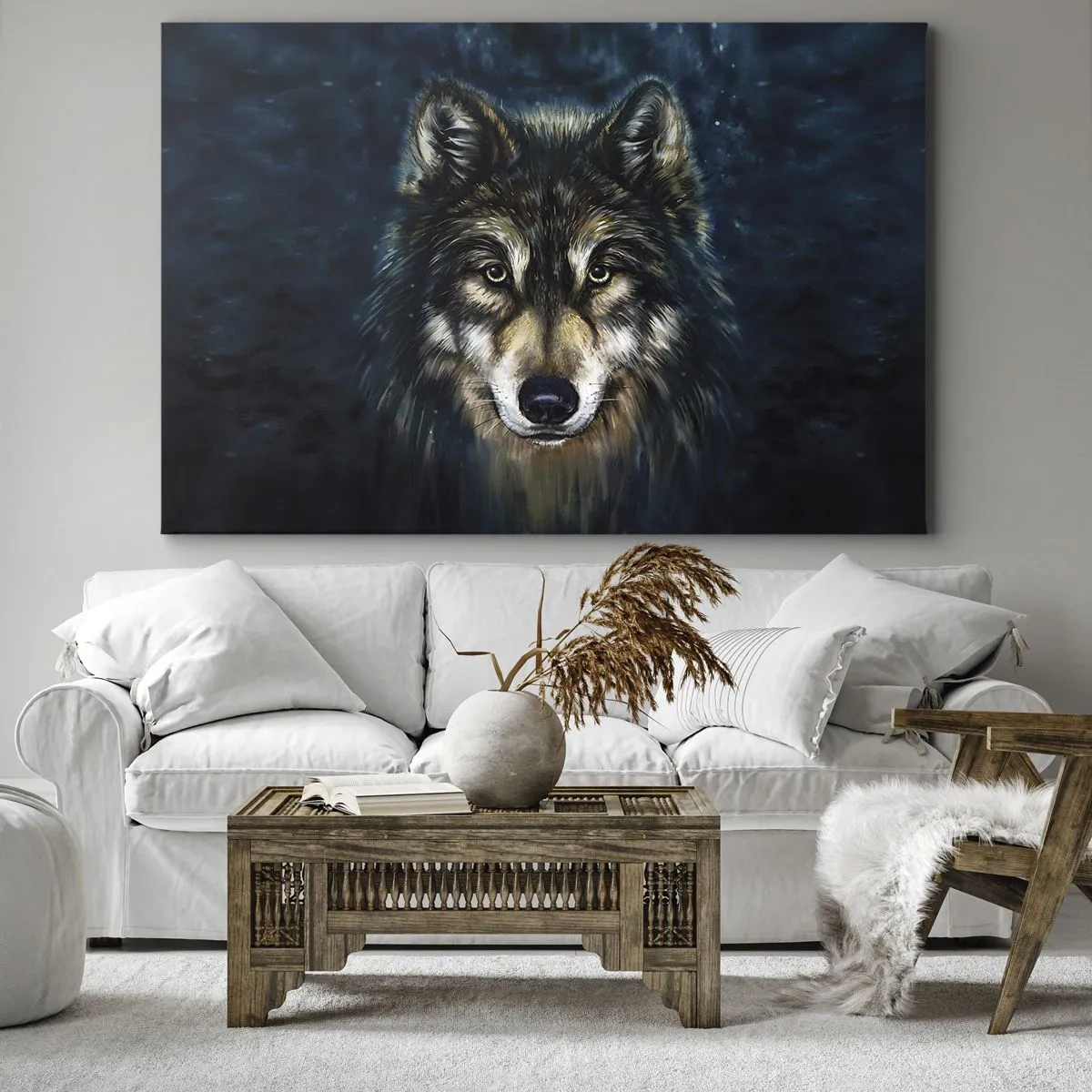 Quadro su tela - Stampe su Tela - Ritratto di un lupo su sfondo blu scuro - 70x50cm - Alfa? E omega - Decorazione murale moderna per soggiorno e camera da letto ARTTOR