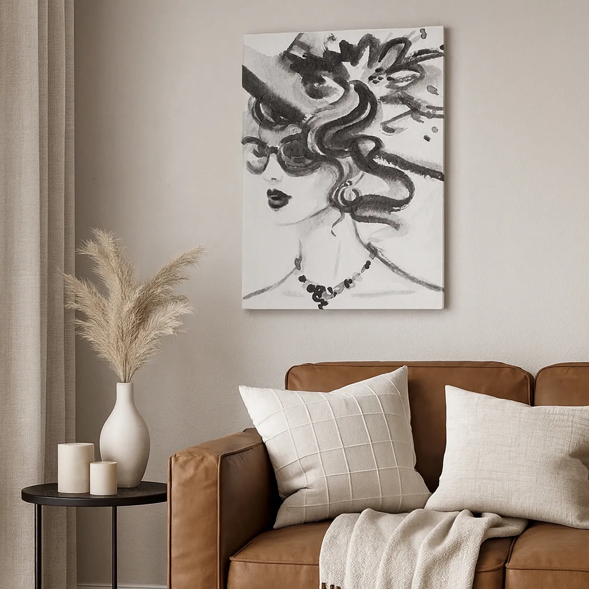 Quadro su tela - Stampe su Tela - Donna elegante con cappello in stile bianco e nero - 50x70cm - Donna di carattere - Decorazione murale moderna per soggiorno e camera da letto ARTTOR