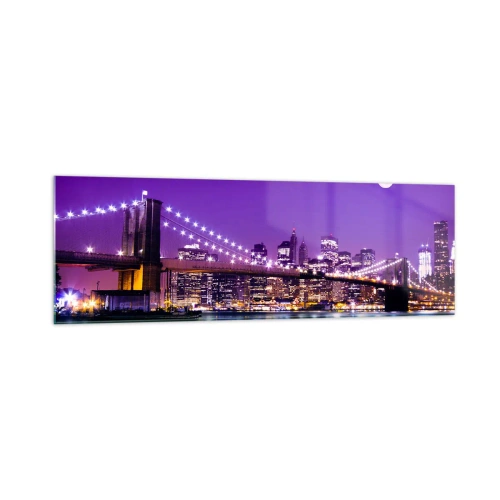 Quadro su vetro - Ponte di Brooklyn di notte con la città illuminata e la luna piena - 160x50cm - Luce della grande città in viola - Decorazione murale moderna per soggiorno e camera da letto ARTTOR