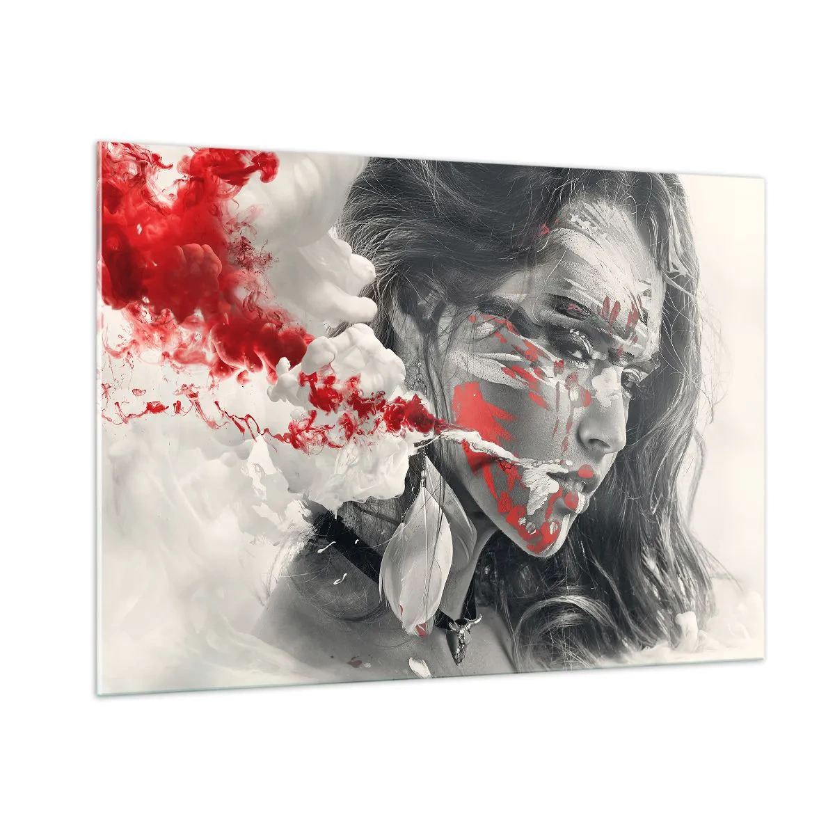 Quadro su vetro - Ritratto di una donna con motivi astratti rossi e bianchi - 100x70cm - Nei vapori dell'assurdo - Decorazione murale moderna per soggiorno e camera da letto ARTTOR