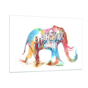 Quadro su vetro - Dipinto ad acquerello colorato di un elefante con un motivo indiano - 120x80cm - India: aura d'amore - Decorazione murale moderna per soggiorno e camera da letto ARTTOR