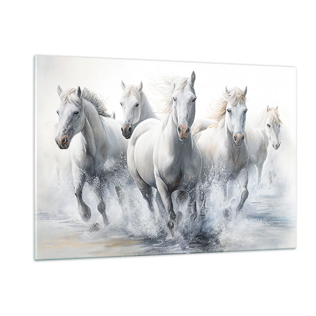 Quadro su vetro - Cavalli bianchi che galoppano nell'acqua in una composizione dinamica - 120x80cm - Magia bianca - Decorazione murale moderna per soggiorno e camera da letto ARTTOR