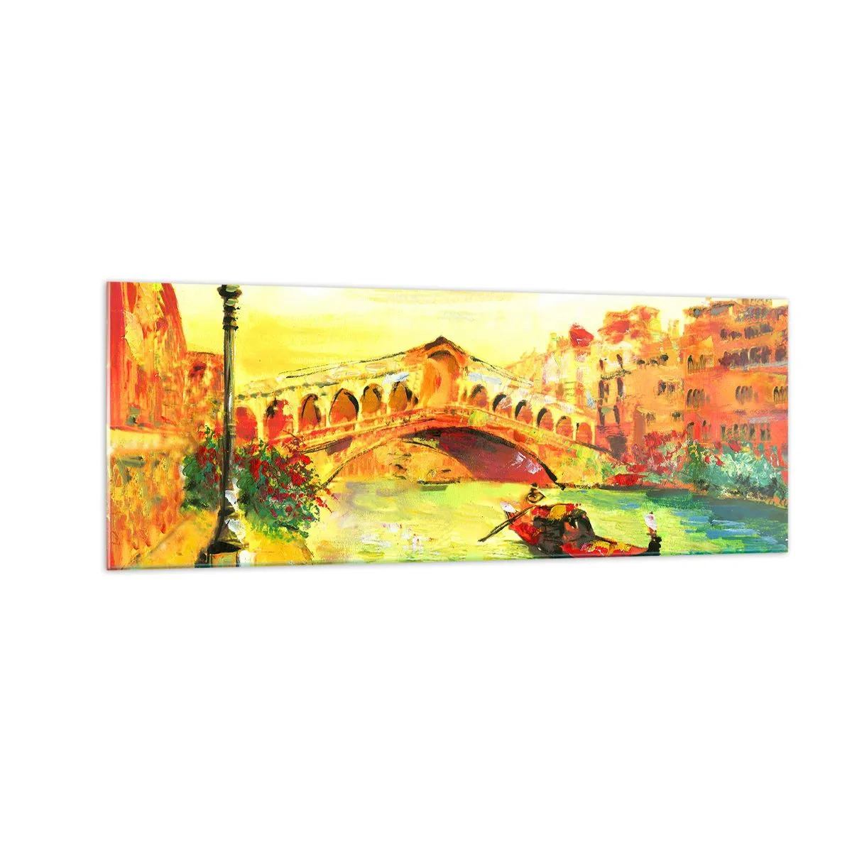 Quadro su vetro - Un pittoresco ponte sul canale con una gondola alla luce del sole al tramonto - 140x50cm - Il pellegrinaggio degli innamorati - Decorazione murale moderna per soggiorno e camera da letto ARTTOR