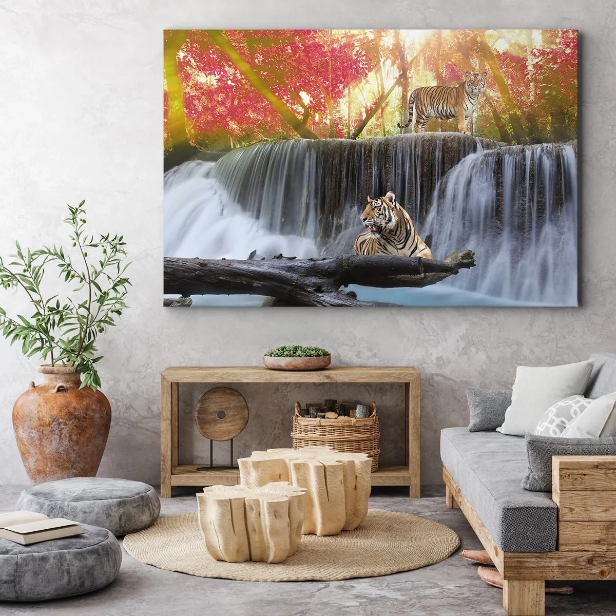 Quadro su tela - Stampe su Tela - Tigri presso una cascata nella foresta autunnale - 70x50cm - Paesaggio surreale - Decorazione murale moderna per soggiorno e camera da letto ARTTOR