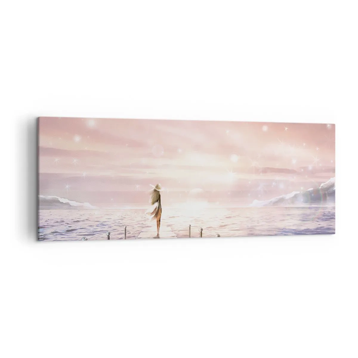 Quadro su tela - Stampe su Tela - Una donna su un molo in una magica cornice al tramonto - 140x50cm - Alla luce del sogno - Decorazione murale moderna per soggiorno e camera da letto ARTTOR