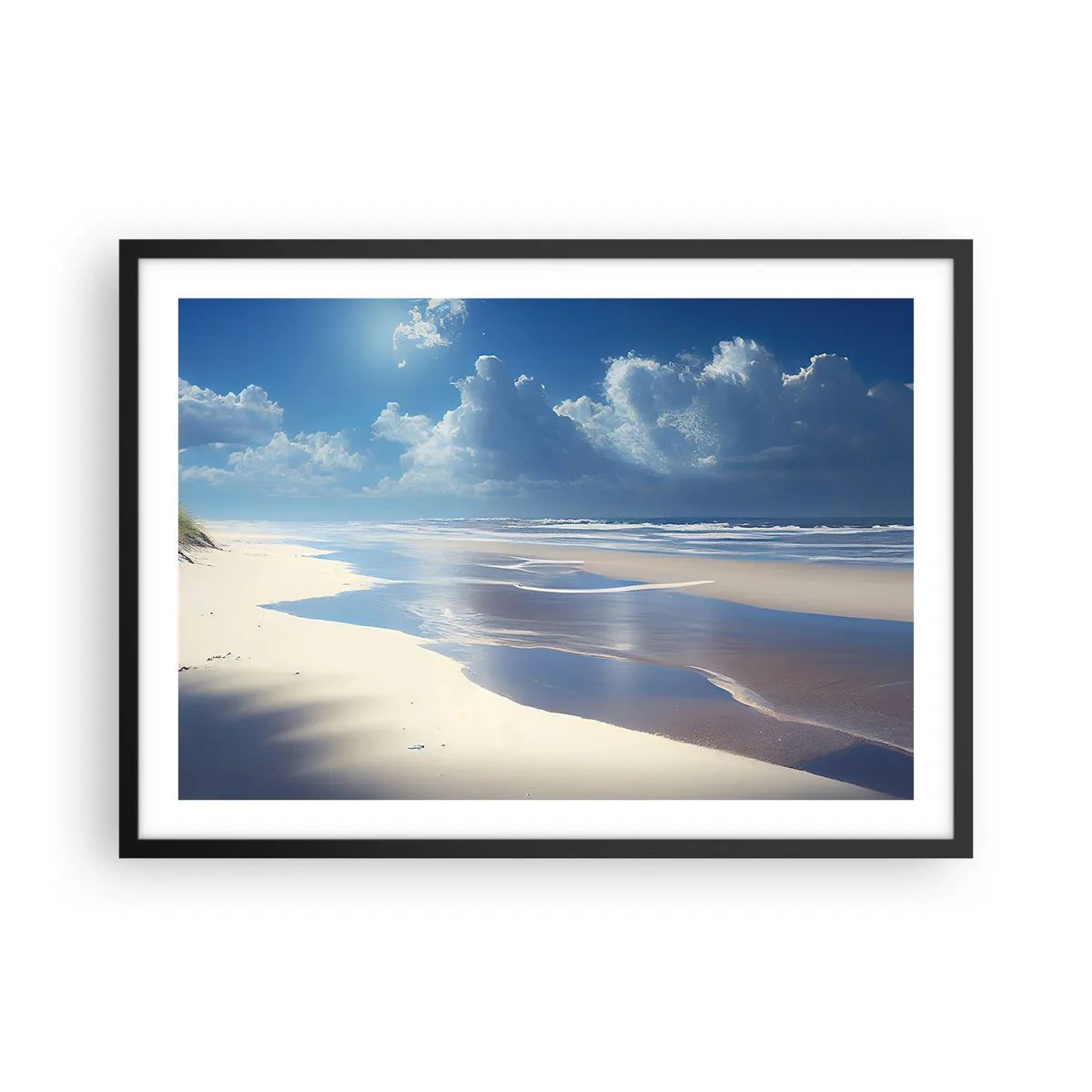Poster in cornice nera - Una spiaggia sabbiosa con onde sotto un cielo azzurro - 70x50cm - Vacanze in paradiso - Decorazione murale moderna per soggiorno e camera da letto ARTTOR