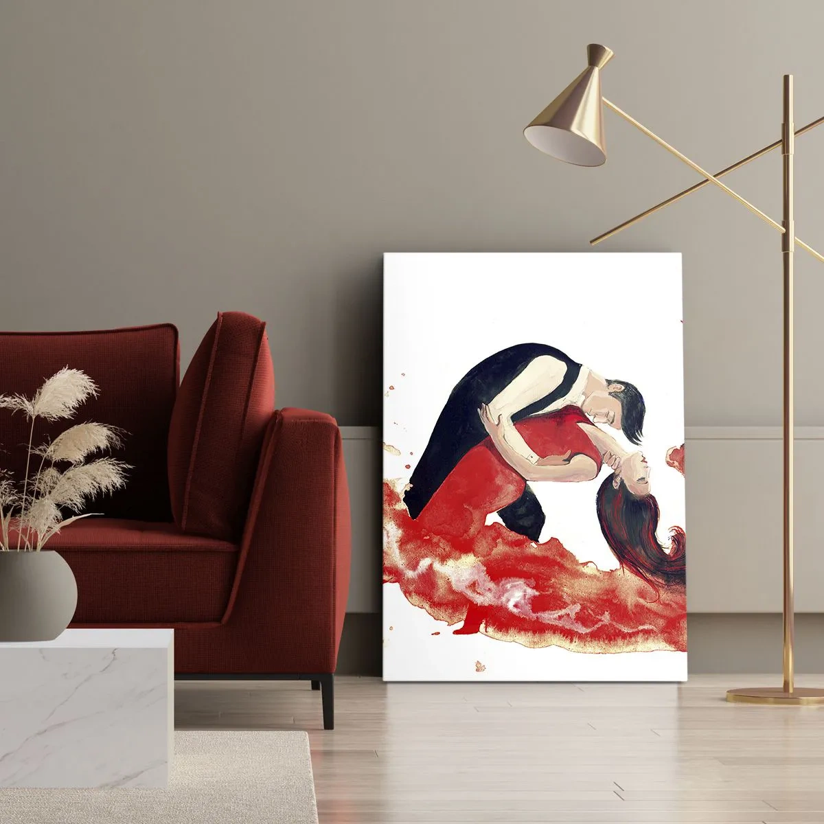 Quadro su tela - Stampe su Tela - Un dinamico dipinto ad acquerello raffigurante una coppia che balla nei toni del rosso. - 80x120cm - Tango: un'onda di passione - Decorazione murale moderna per soggiorno e camera da letto ARTTOR