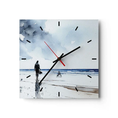 Orologio da parete - Orologio in Vetro - Una figura su una spiaggia in un ambiente marino calmo - 30x30cm - Dialogo con il mare - Decorazione murale moderna per soggiorno e camera da letto ARTTOR