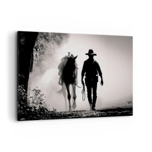 Quadro su tela - Stampe su Tela - Cowboy con cavallo nella nebbia mattutina - 120x80cm - Mattino texano - Decorazione murale moderna per soggiorno e camera da letto ARTTOR