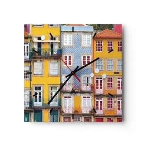 Orologio da parete - Orologio in Vetro - Facciate colorate di case popolari nel paesaggio urbano - 30x30cm - I colori della città vecchia - Decorazione murale moderna per soggiorno e camera da letto ARTTOR