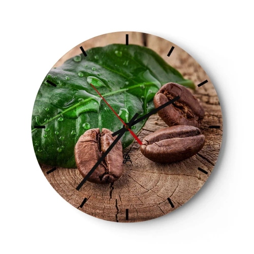Orologio da parete - Orologio in Vetro - Chicchi di caffè e foglia verde su uno sfondo di legno - 30x30cm - Nero e autentico - Decorazione murale moderna per soggiorno, cucina e camera da letto ARTTOR