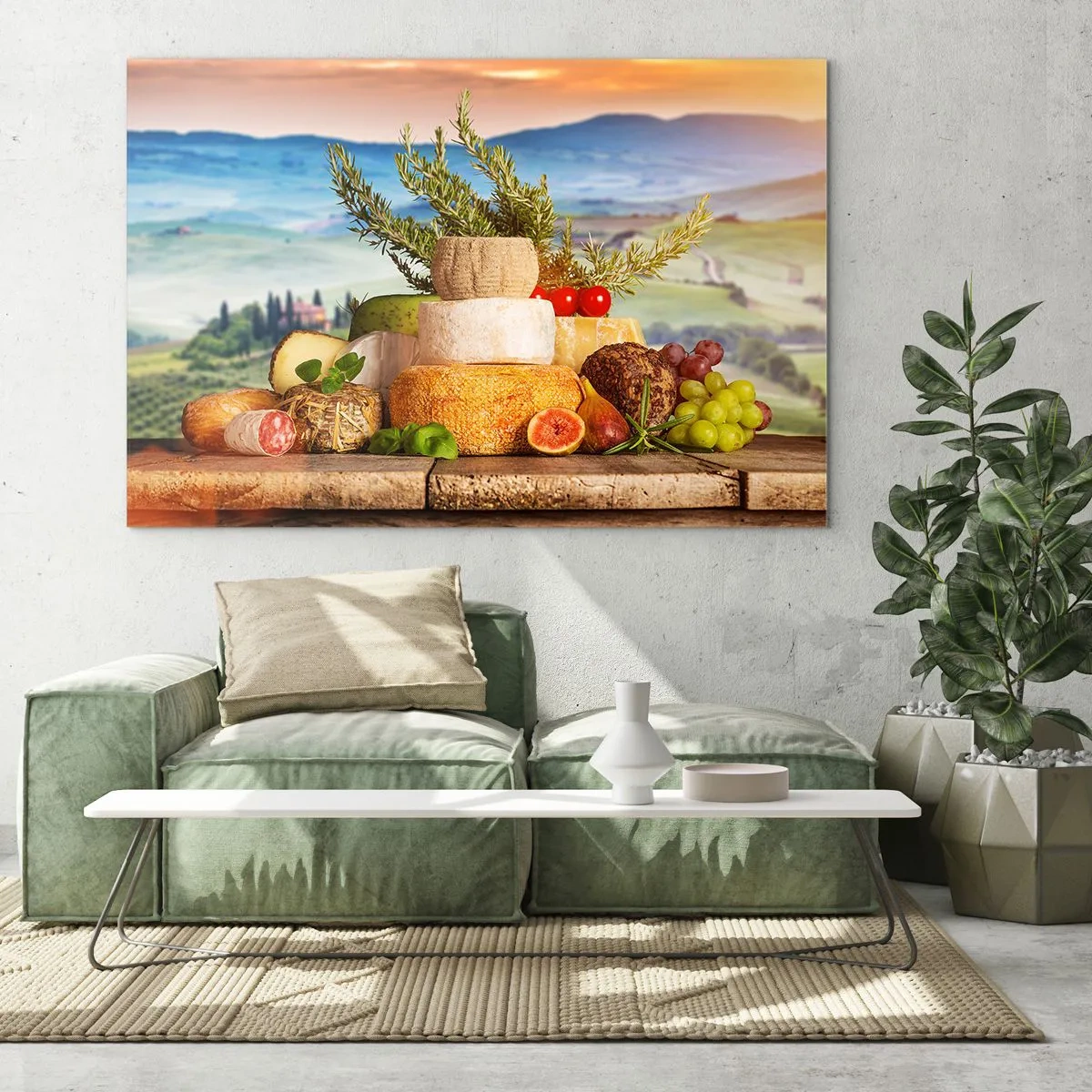 Quadro su vetro - Una composizione di formaggi e frutta sullo sfondo del paesaggio toscano - 100x70cm - La gioia italiana della vita - Decorazione murale moderna per soggiorno e camera da letto ARTTOR