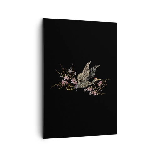 Quadro su tela - Stampe su Tela - Un uccello in volo con fiori su sfondo nero - 70x100cm - Uccello esotico ricamato - Decorazione murale moderna per soggiorno e camera da letto ARTTOR