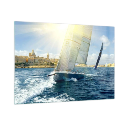 Quadro su vetro - Uno yacht che naviga sullo sfondo di una città in una giornata di sole - 100x70cm - Tempo di lasciare la città - Decorazione murale moderna per soggiorno e camera da letto ARTTOR
