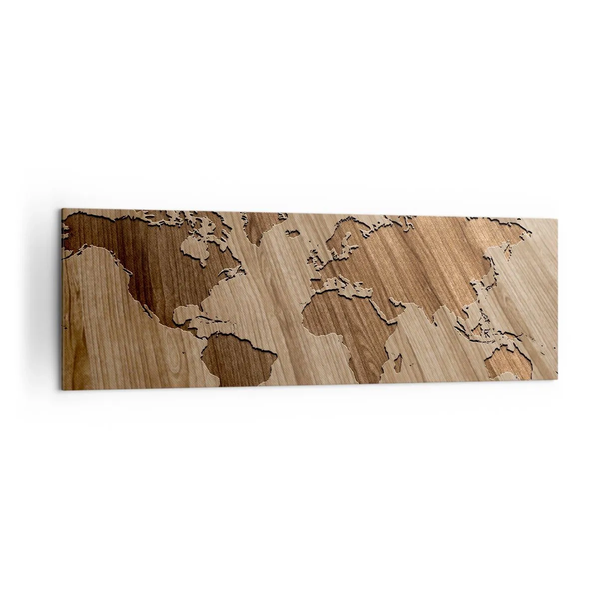Quadro su tela - Stampe su Tela - Una mappa del mondo ritagliata su una superficie di legno - 160x50cm - Il mondo servito a tavola - Decorazione murale moderna per soggiorno e camera da letto ARTTOR