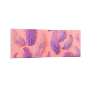 Quadro su vetro - Piume viola e rosa su uno sfondo pastello - 140x50cm - L'uccello lilla del desiderio - Decorazione murale moderna per soggiorno e camera da letto ARTTOR