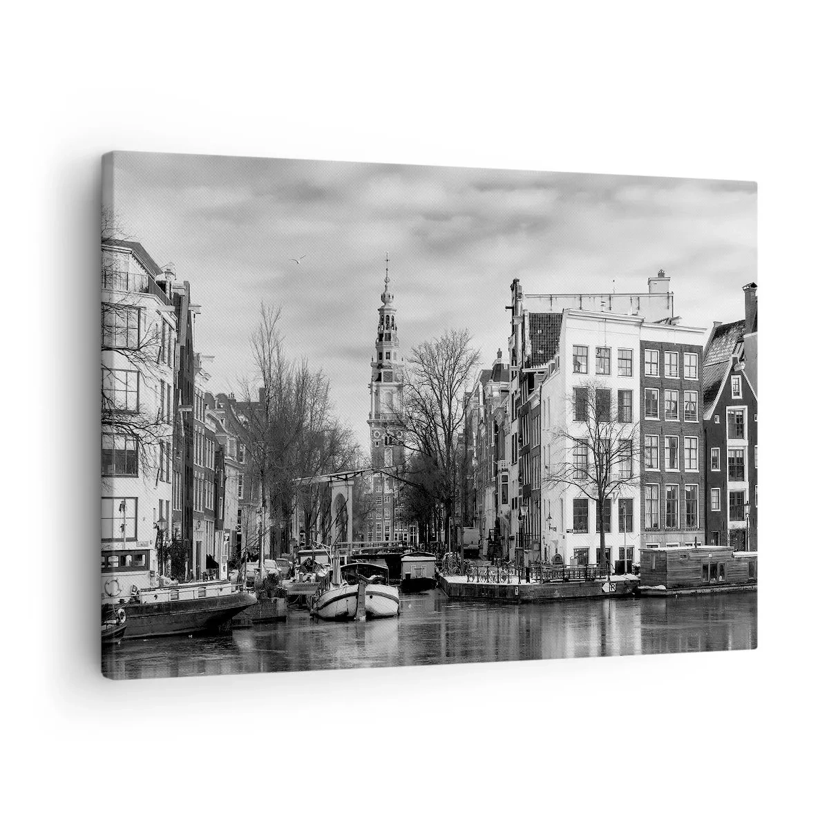 Quadro su tela - Stampe su Tela - Panorama in bianco e nero di Amsterdam con canale ed edifici storici - 70x50cm - Atmosfera di Amsterdam - Decorazione murale moderna per soggiorno e camera da letto ARTTOR