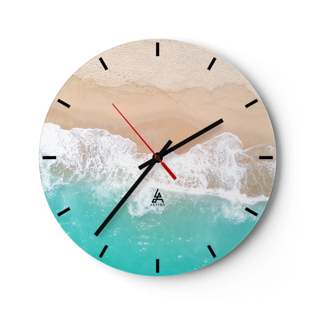Orologio da parete - Orologio in Vetro - Una spiaggia con sabbia e acqua turchese catturata da una vista a volo d'uccello - 30x30cm - Un tocco carezzevole - Decorazione murale moderna per soggiorno, cucina e camera da letto ARTTOR