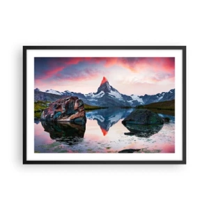 Poster in cornice nera - Una cima di montagna riflessa in un lago al tramonto - 70x50cm - Il cuore dei monti è rovente - Decorazione murale moderna per soggiorno e camera da letto ARTTOR