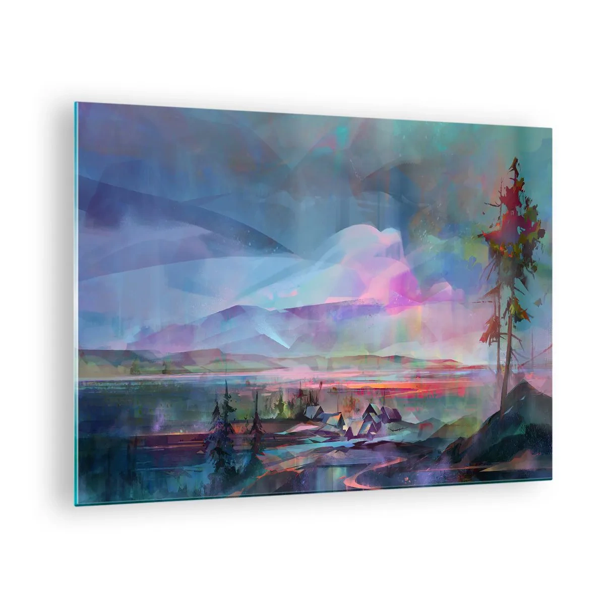 Quadro su vetro - Un paesaggio colorato con montagne e cottage in stile surreale. - 70x50cm - Sotto un cielo benevolo - Decorazione murale moderna per soggiorno e camera da letto ARTTOR