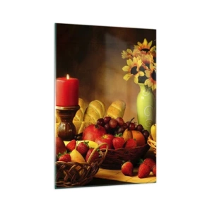 Quadro su vetro - Natura morta con frutta, pane, candela e fiori - 70x100cm - Natura morta con pane e frutta - Decorazione murale moderna per soggiorno e camera da letto ARTTOR