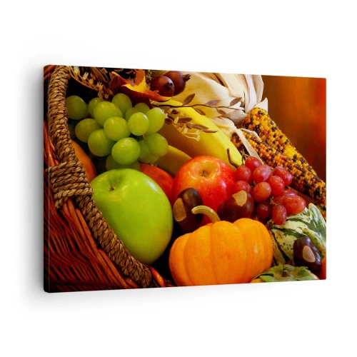 Quadro su tela - Stampe su Tela - Un cesto di frutta, zucche e mais su uno sfondo di colori autunnali. - 70x50cm - Cesta dell'abbondanza - Decorazione murale moderna per soggiorno e camera da letto ARTTOR