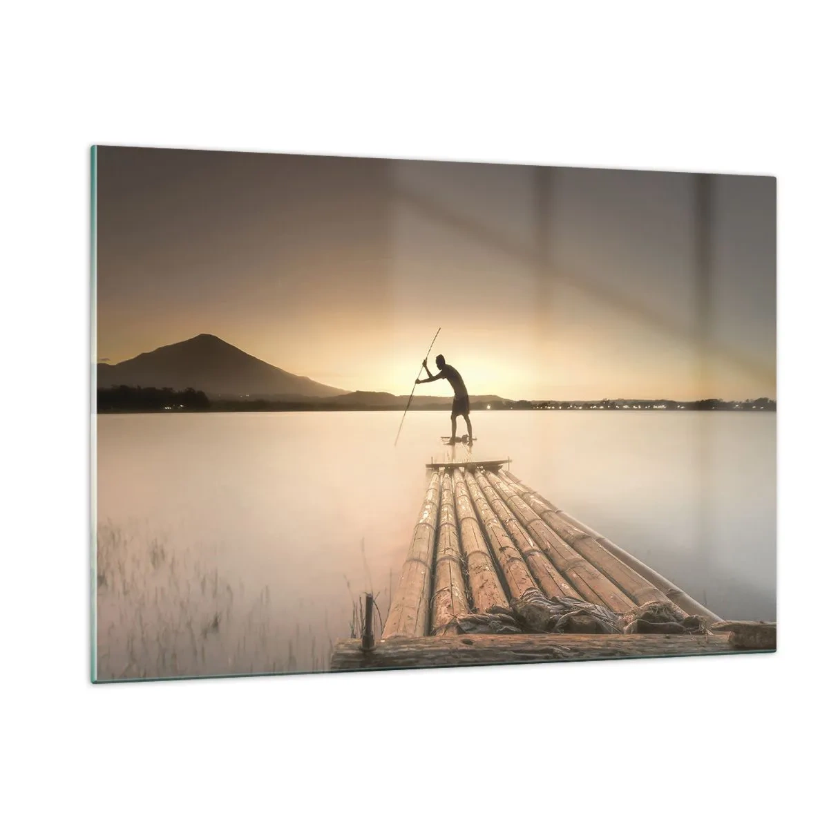 Quadro su vetro - Un pescatore su una zattera di bambù al tramonto - 120x80cm - Prima del riposo - Decorazione murale moderna per soggiorno e camera da letto ARTTOR