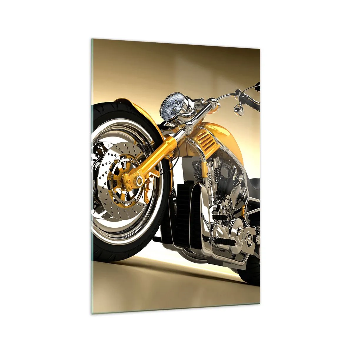 Quadro su vetro - Una motocicletta gialla in stile chopper contro un muro beige - 70x100cm - Sogno di forza e di velocità - Decorazione murale moderna per soggiorno e camera da letto ARTTOR