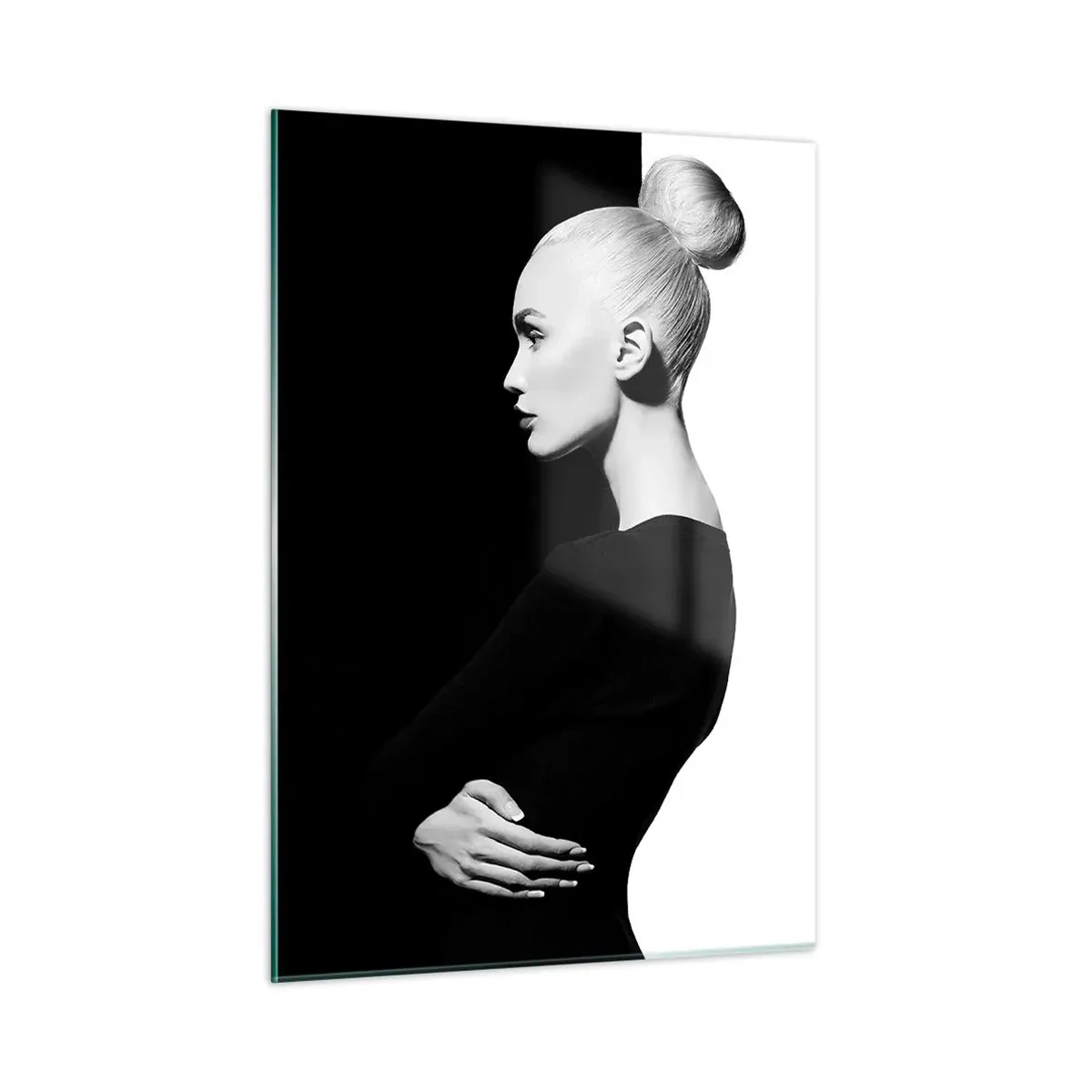 Quadro su vetro - Ritratto in bianco e nero di una donna con un elegante chignon - 50x70cm - Semplicemente donna - Decorazione murale moderna per soggiorno e camera da letto ARTTOR