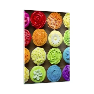 Quadro su vetro - Cupcakes colorati con decorazioni pastello - 80x120cm - Ognuno è differente, tutti sono buoni - Decorazione murale moderna per soggiorno e camera da letto ARTTOR