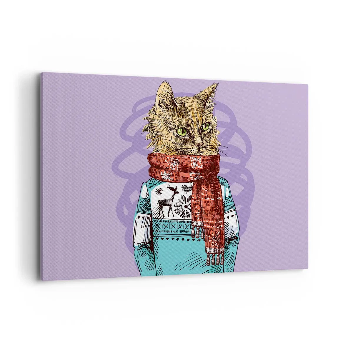 Quadro su tela - Stampe su Tela - Un gatto con un maglione e una sciarpa su uno sfondo viola - 100x70cm - Un gatto non solo con gli stivali - Decorazione murale moderna per soggiorno e camera da letto ARTTOR