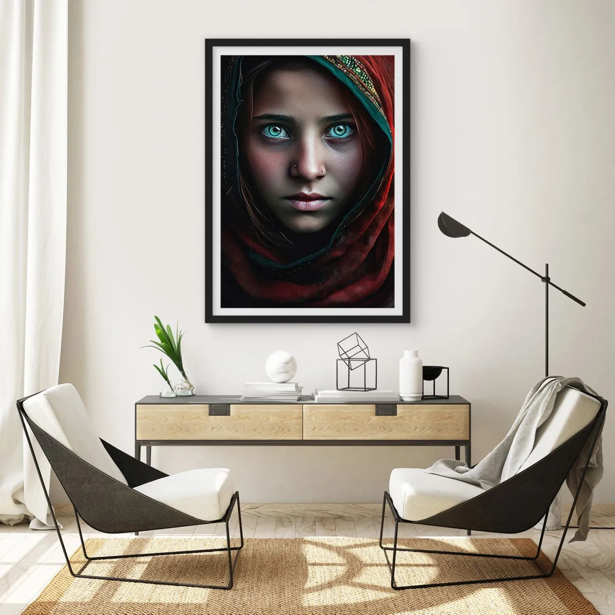 Poster in cornice nera - Ritratto di una ragazza con uno scialle rosso e occhi ipnotizzanti - 50x70cm - Principessa d'oriente - Decorazione murale moderna per soggiorno e camera da letto ARTTOR