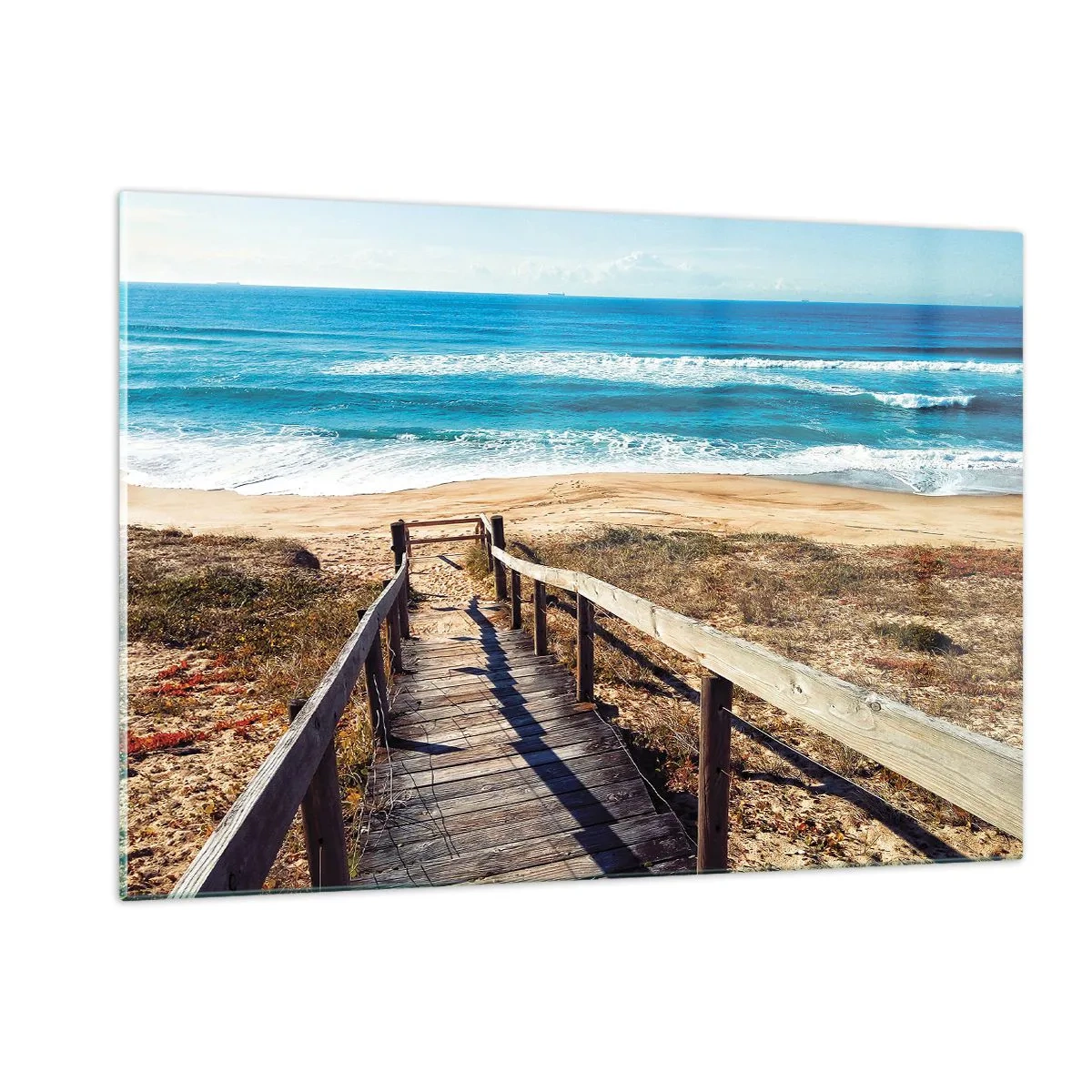 Quadro su vetro - Sentiero in legno che conduce alla spiaggia con vista sull'oceano - 120x80cm - Corri! - Decorazione murale moderna per soggiorno e camera da letto ARTTOR